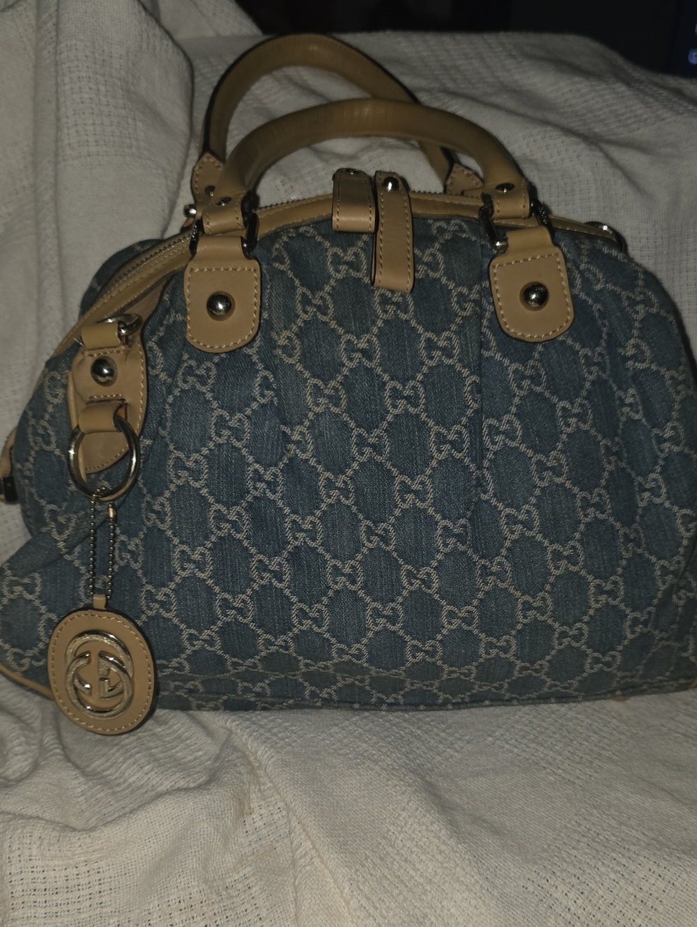 Gucci Blue Denim GG Monogram Satchel with Tan Leather Accents